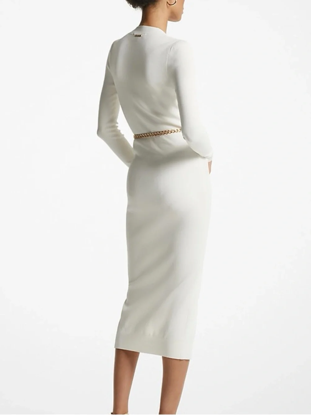 Michael KORS Stretch Signature Viscose Belted Gold Chain Midi Dress Ivory Medium